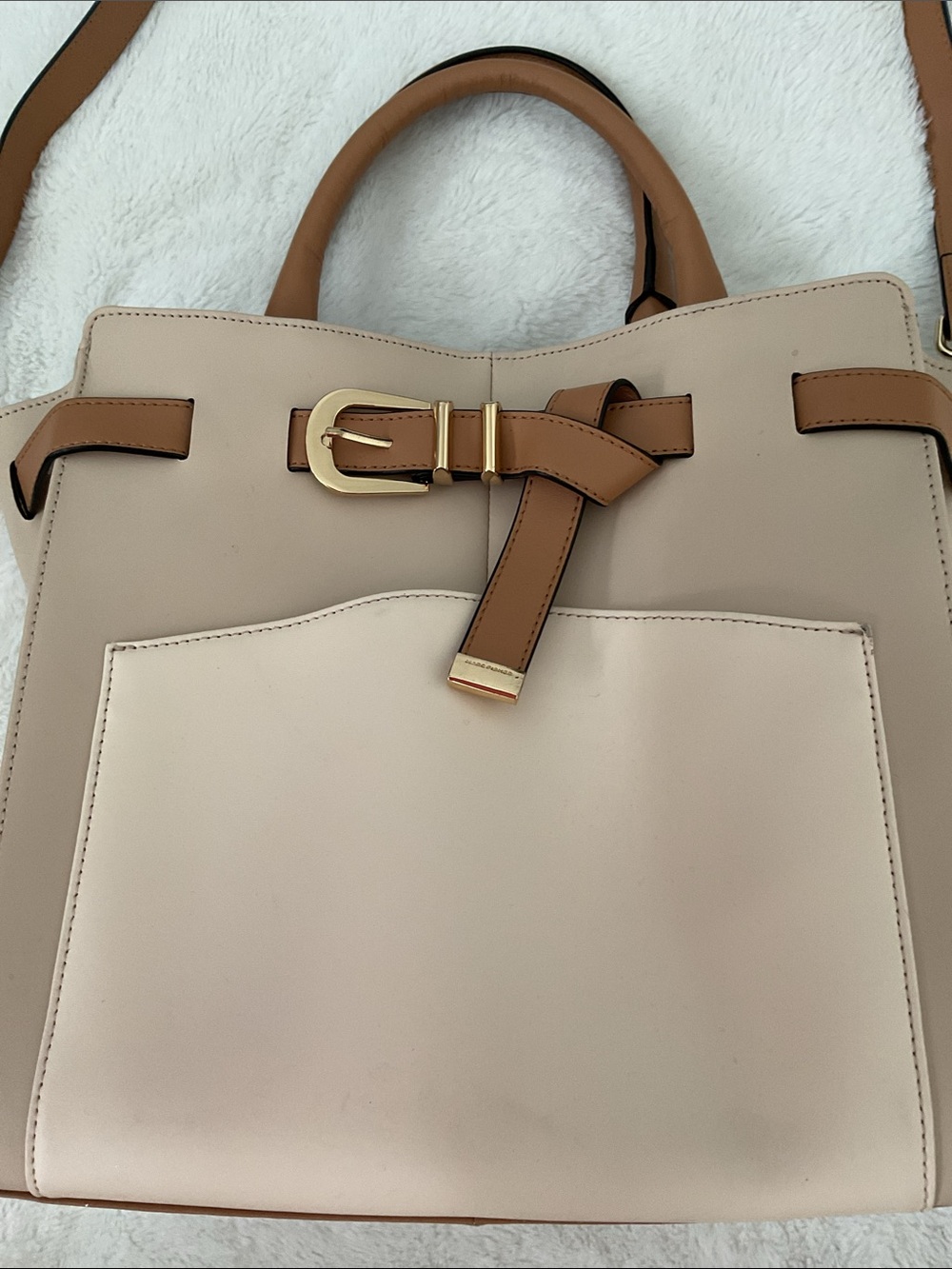 Marc Fisher Structured Two-Tone Tote Bag with Belt Detail Beige & Brown preowned - Picture 2 of 9